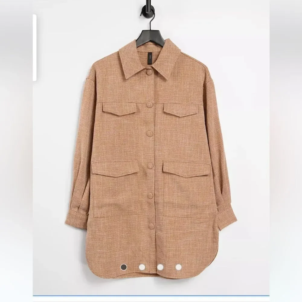 Ladies Y.A.S longline‎ shirt with pocket detail in tan Size Medium